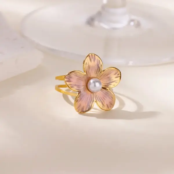 Wholesale Stainless Steel Colorful Flower Ring For Women 18K Gold Plated Elegant Pearl Embedded Adjustable Open Mouth Finger Ring