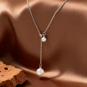 X01324-Pull-out Large and Small Pearl Necklace-Steel Color