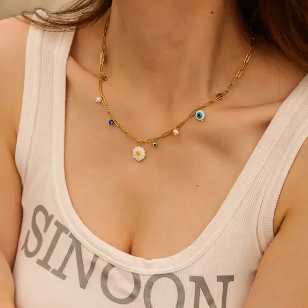 Wholesale 304 Stainless Steel Colorful Daisy PVD Coated 18K Real Gold Plated Real Gold Plated Sweet Classic Style Waterproof Non Tarnish Beaded Enamel Colour Necklace