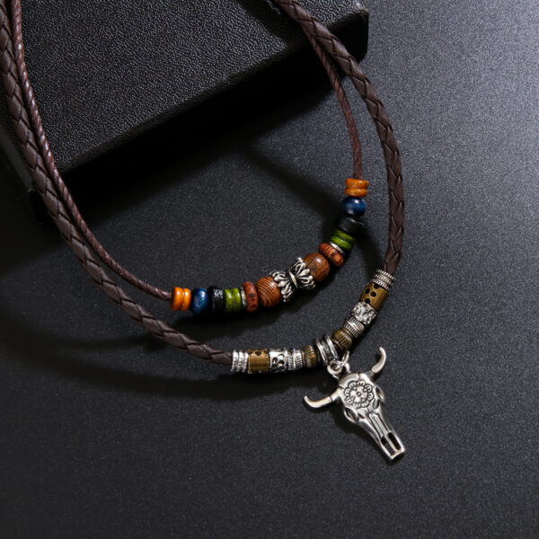 oly-63430e4e5fef0abb7b2d6f5a735b4ba6 Wholesale Bull head shaped wooden bead double-layer necklace, braided rope clavicle chain