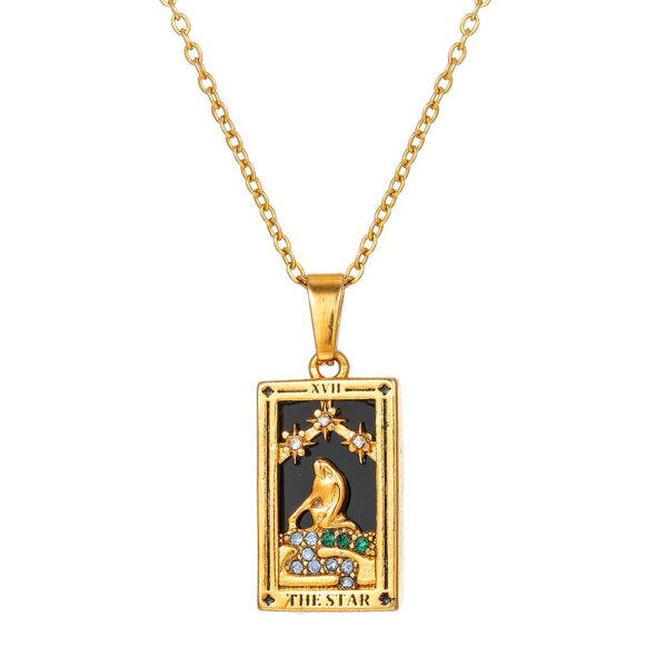 Wholesale Ins Popular Style Retro Stainless Steel Necklace Non-Fading Rectangular Oil Dripping Zircon Tarot Card Pendant Clavicle Chain for Women