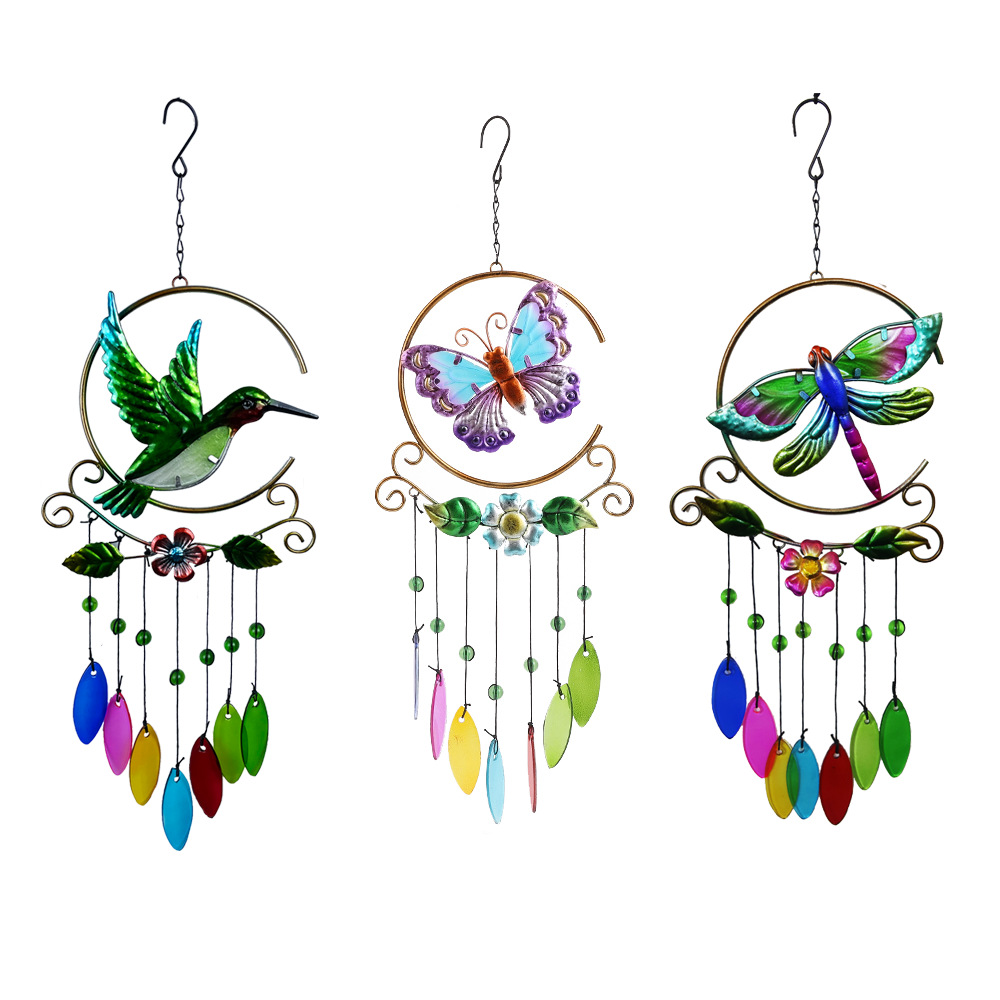 Wholesale Zegean Wind Chime Hummingbird Metal 7-Color Glass Pendant Creative Iron Crafts Decoration St Cross-Border Sply