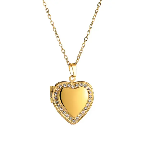Wholesale Jewelry Sweet Heart Shape Titanium Steel Rhinestones 18K Gold Plated Inlay Locket Necklace
