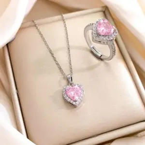 XL727 Pink Love Necklace Ring Set / Silver