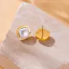 Wholesale 1 Pair Vintage Style Square Inlay 304 Stainless Steel Artificial Pearls 18K Gold Plated Ear Studs
