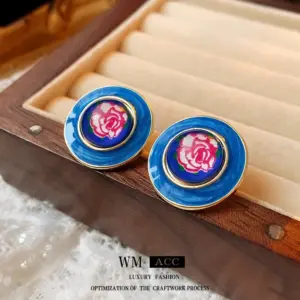 Gold Silver Needle-Blue Dripping Oil Rose Earrings