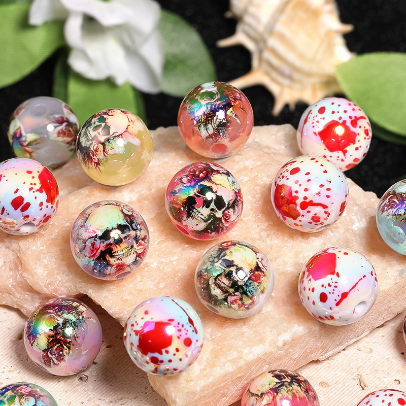 Wholesale DIY Beaded Pen Aessories Bloody Rose Skull Printed Round Beads Car Hangers Mobile Phone Chain Beads Scattered Beads