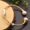 Wholesale Retro Solid Color Stainless Steel Freshwater Pearl Plating 18k Gold Plated Bangle