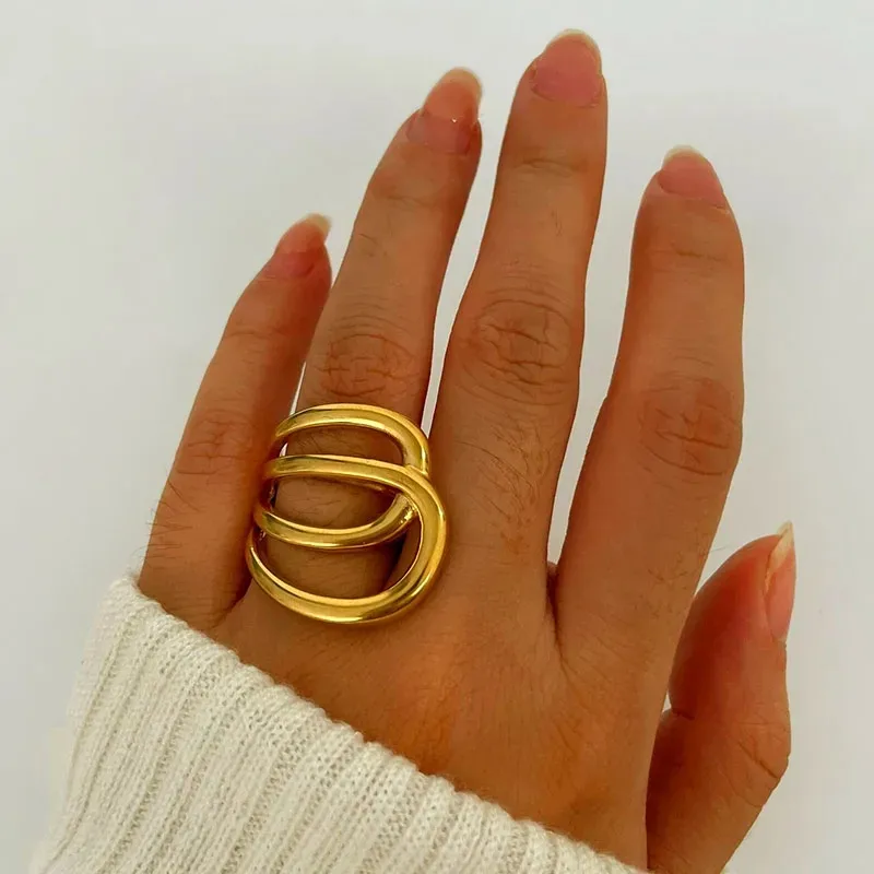 Wholesale 304 Stainless Steel Geometric PVD Coated Real Gold Plated Retro French Style IG Style Waterproof Non Tarnish Irregular Surgical Steel Open R