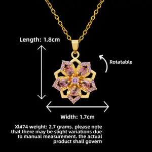 XL474 Rotating Full Purple Five-Petal Flower Necklace / Gold