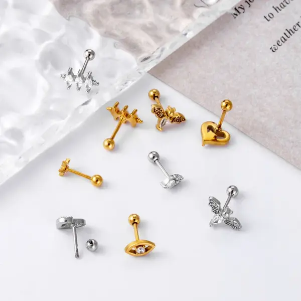 1 Piece 316L Stainless Steel Copper Zircon Ear Cartilage Rings & Studs Heart Shape Waterproof Non Tarnish Surgical Steel Ear Cartilage Rings & Studs