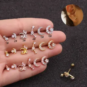 316L Stainless Steel Copper Zircon Ear Cartilage Rings & Studs Star Waterproof Non Tarnish Surgical Steel Women'S