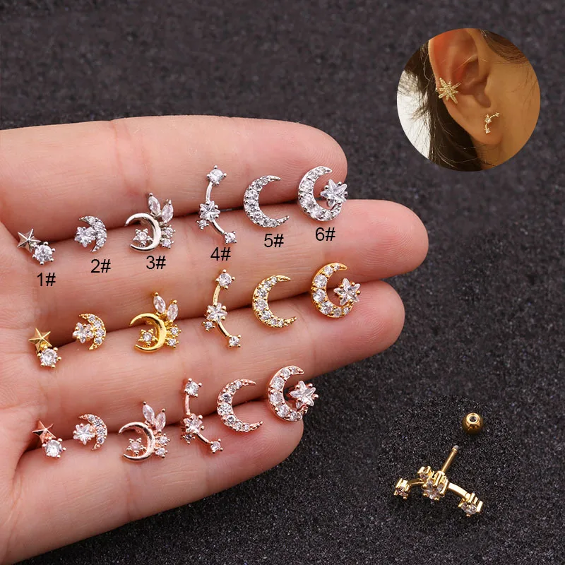 Wholesale 316L Stainless Steel Copper Zircon Ear Cartilage Rings & Studs Star Waterproof Non Tarnish Surgical Steel Women'S