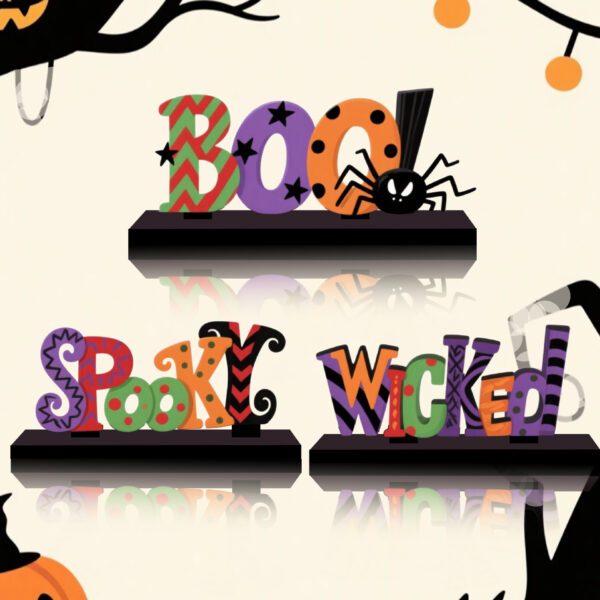 oly-64452a001b0a7ca6b9afb23a88eb95f2 Wholesale 3 Halloween-themed wooden figurines with colorful speckled letters and bases; Halloween desktop wooden figurines.