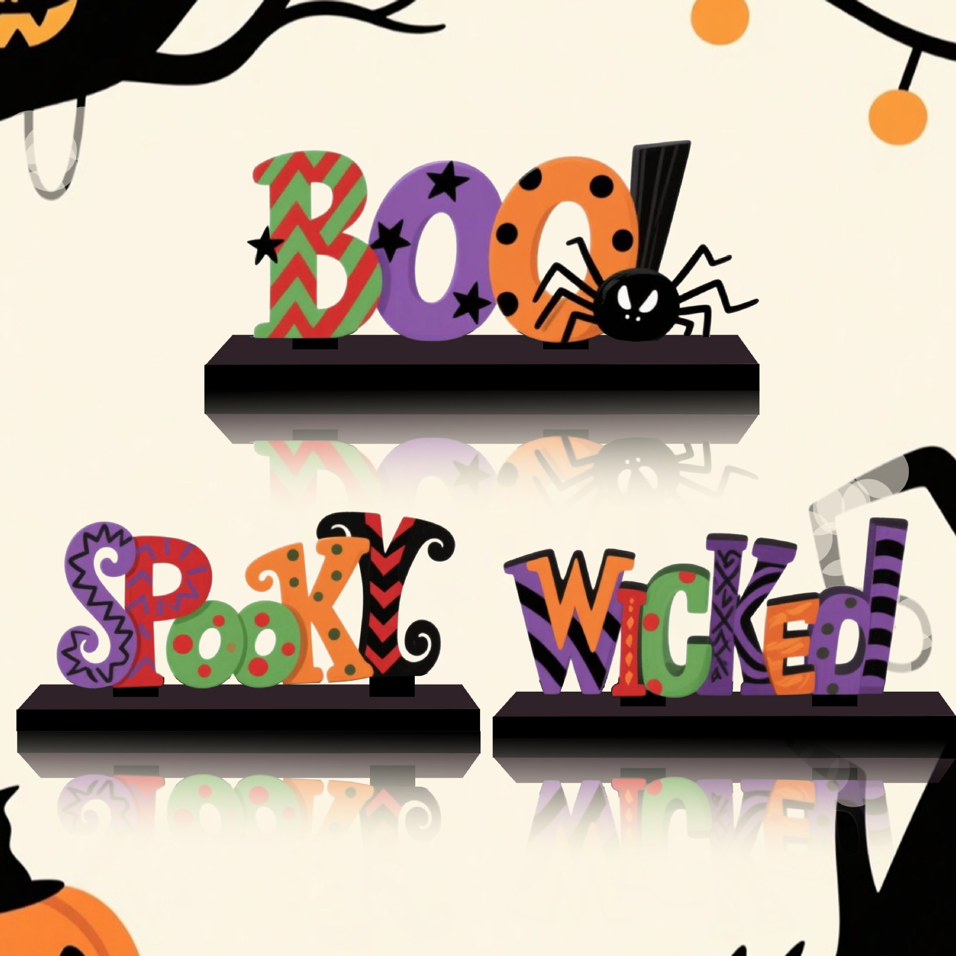 Wholesale 3 -themed wooden figurines with colorful speckled letters and bases; desktop wooden figurines.