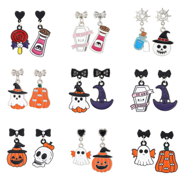 oly-64522b463645cf152423861a38f56ec3 Wholesale Silver Needle Halloween Cartoon Ghost Pumpkin Skull Asymmetric Earrings Personality Design Sense Ghost Earrings Female