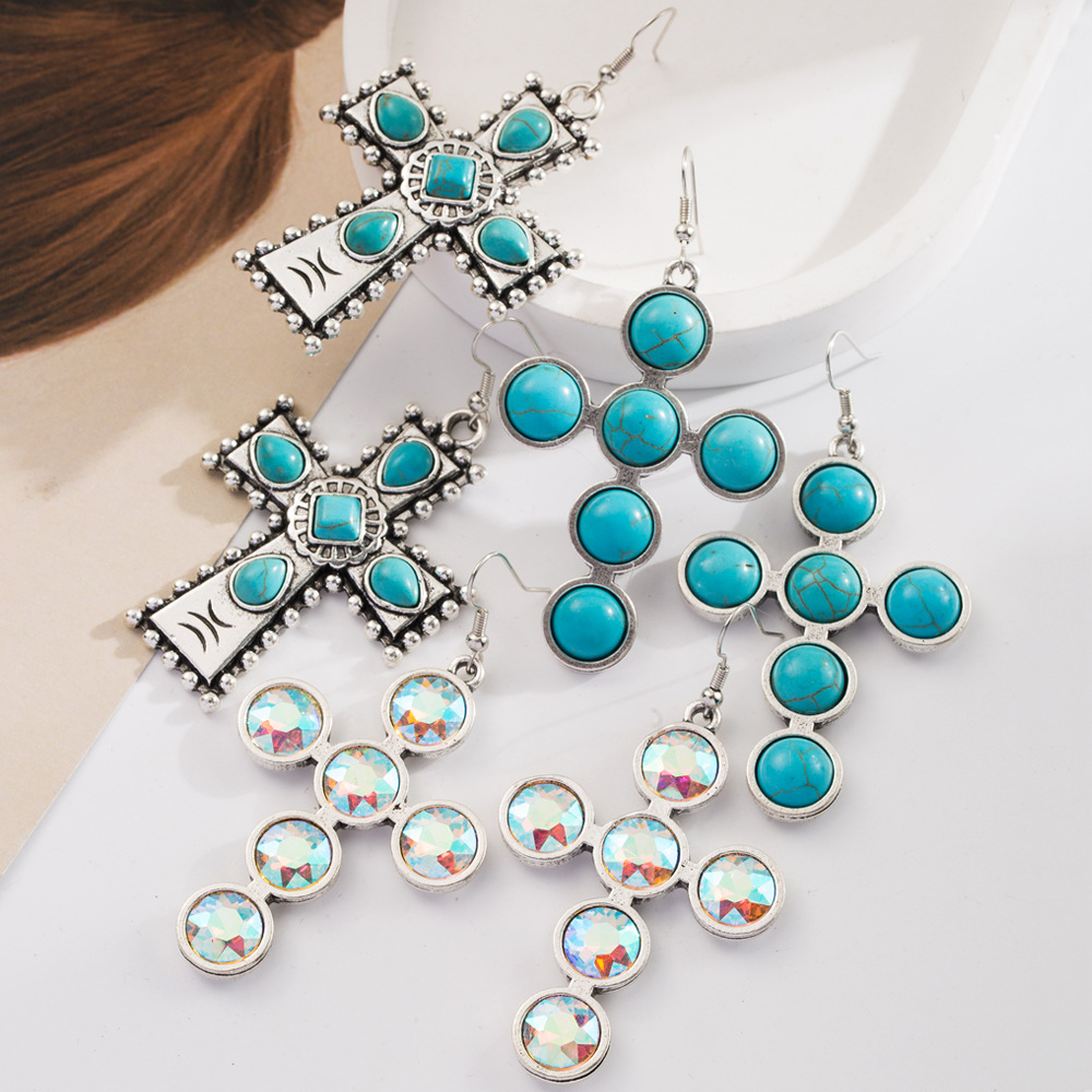 Wholesale Amazon Explosions Earrings Alloy Set Turquoise Cross Exaerated Earrings Creative Bohemian Ear Jewelry