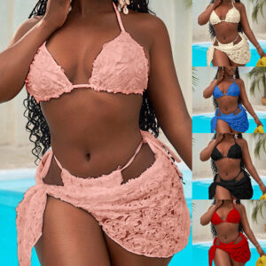 Wholesale 2025 European and American Cross-border New Bikini Three-piece Sexy Triangle Bag Strap Flower Fabric Bikini Ladies