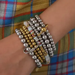 Wholesale Stainless Steel 18K Gold Plated Multi-Layer Beaded Elastic Rope Bracelet Casual Everyday Date Selfie Festival Geometric Pattern