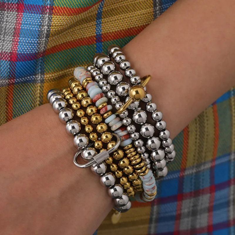Wholesale Stainless Steel 18K Gold Plated Multi-Layer Beaded Elastic Rope Bracelet Casual Everyday Date Selfie Festival Geometric Pattern