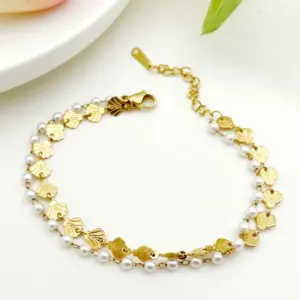 Wholesale 304 Stainless Steel Ginkgo Leaf PVD Coated Pearl Real Gold Plated Gold Plated Elegant Waterproof Non Tarnish Beaded Plating Gold Bracelets