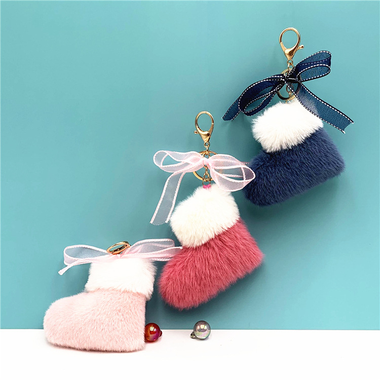 Wholesale Christmas Boots Keychain Cute Bow Bag Pendant Cartoon Plush Car Key Chain Ring Gift Aessories