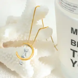 Wholesale 304 Stainless Steel Cat PVD Coated 18K Gold Plated Real Gold Plated Cute Waterproof Non Tarnish Plating Box Chain Pendant Necklace