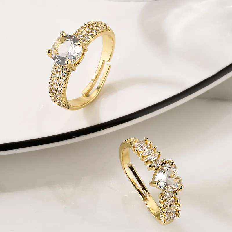Wholesale Ins Style Basic Oval Heart Shape Copper 18k Gold Plated Zircon Rings In Bulk