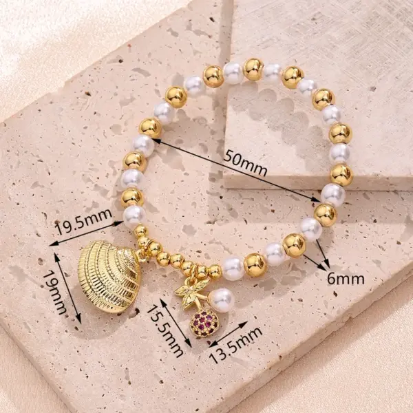 Wholesale IG Style Pentagram Cherry Heart Shape 18K Gold Plated Zircon Imitation Pearl Copper Beaded Chain Beaded Bracelets Wholesale