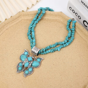 Wholesale European and American Jewelry Western Style Water Drop Flower Turquoise Double-Layer Butterfly Necklace Personalized Retro Carved Heavy Industry Necklace Jewelry
