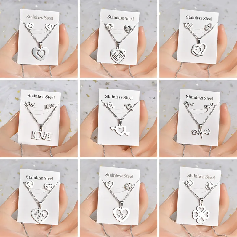Wholesale Fashion Love Heart Shape Stainless Steel Hollow Out Earrings Necklace 1 Set