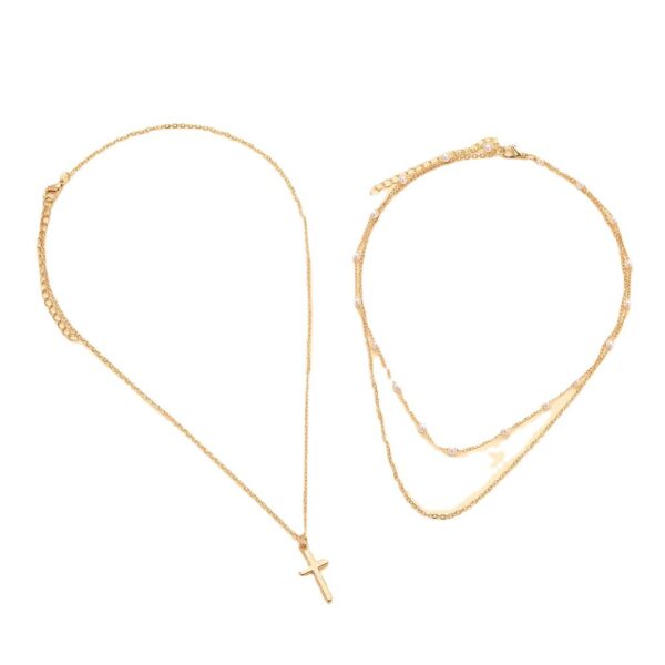 Wholesale Europe and the United States cross-border new artificial Pearl clavicle chain creative cross pendant necklace retro Multilayer Stacked necklace