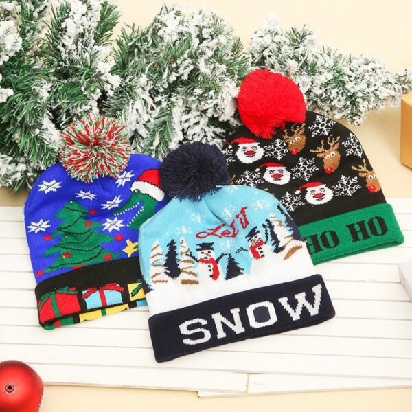 Wholesale Cross-Border Christmas Decoration Supplies Cuffed Ball Knitted Hat Led Light Santa Claus Luminous Hat Adult and Kidsren's Hat