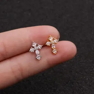 Copper Zircon Ear Cartilage Rings & Studs Cross Waterproof Non Tarnish Surgical Steel Women'S