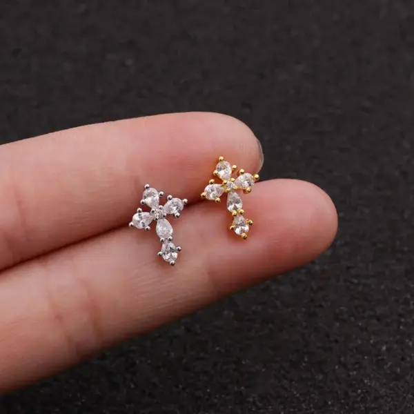 Copper Zircon Ear Cartilage Rings & Studs Cross Waterproof Non Tarnish Surgical Steel Women'S