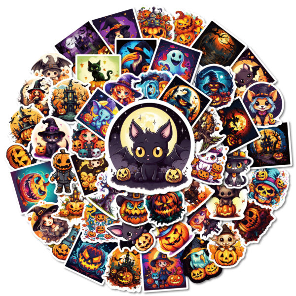 Wholesale Cross-Border Popular 50 Halloween Ghost Face Pumpkin Black Cat Cartoon Graffiti Stickers Mobile Phone Water Cup DIY Decorative Stickers