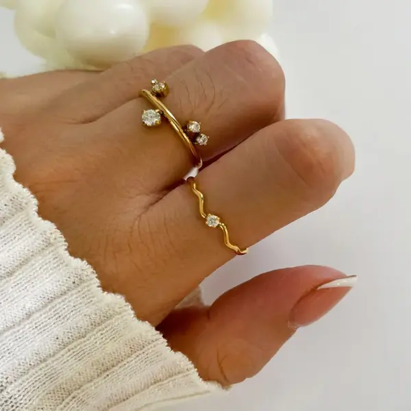 Wholesale 304 Stainless Steel Geometric PVD Coated Zircon Real Gold Plated Commute Korean Style Waterproof Non Tarnish Irregular Surgical Steel Gold Rings