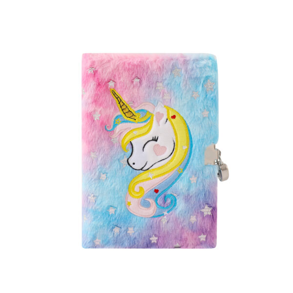 oly-65394204f5eb6d31045ae8d4743b6d6b Wholesale Silver-stamped unicorn plush tie-dye notebook with lock