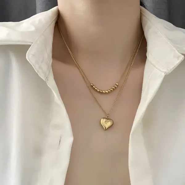 Wholesale 304 Stainless Steel Heart Shape Vacuum Plating Titanium Steel 18K Gold Plated Real Gold Plated Simple Style Commute Waterproof Non Tarnish Plating Gold Silver Layered Necklaces