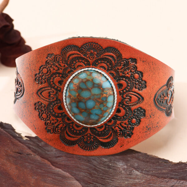 oly-6586635261ded98daa76528fc577fa16 Wholesale Genuine Leather Bracelet, First-Layer Cowhide Genuine Leather Inlaid with Blue Turquoise Retro Pattern