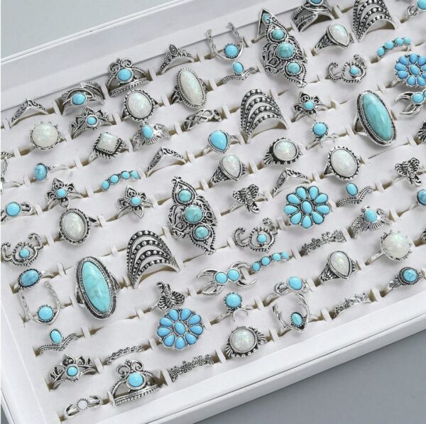 oly-659c6241244124e350437ea5f000651f Wholesale Ethnic Style Turquoise Cactus Flower Ring Retro Geometric Lace Mixed Batch Set Pattern Random