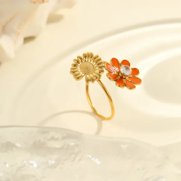 Wholesale Luxury Floral Stainless Steel Ring Colorful Drip Oil Inlaid Pearl Design Open Ring For Casual Holiday Daily Use Adjustable