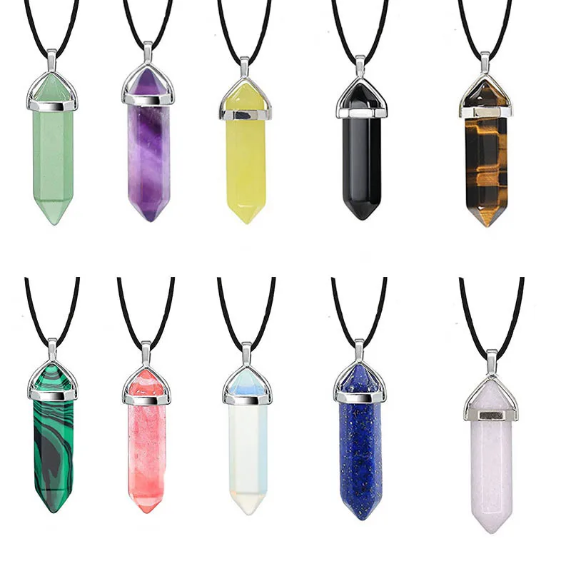 Wholesale Fashion Hexagon Prism Natural Stone Leather Rope Pendant Necklace 1 Piece