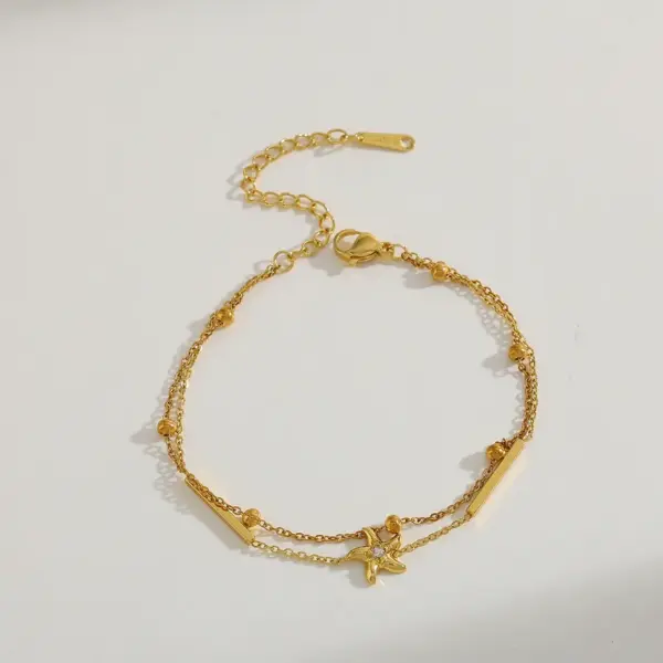 Geometric Star Stainless Steel 18K Gold Plated Zirconia Multi-Pendent Necklace Dual-Layer Bracelet Jewelry Set For Women