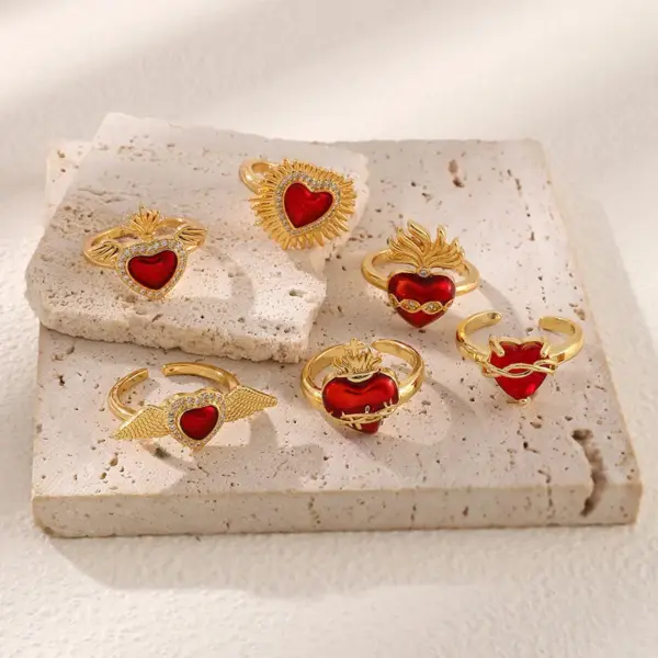 Wholesale Heart Shape Open Ring For Women In Copper With Electroplated Gold Plating And Enamel Craft Featuring Zircon Inlay