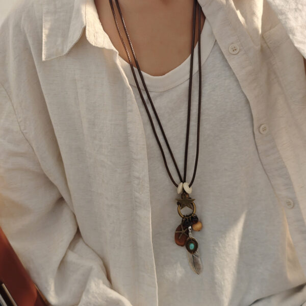 Wholesale Zen Ethnic Style Long Star Beaded Feather Necklace Retro Bohemian Style All-match Woolen Chain for Women