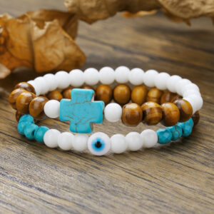Wholesale European and American Cross-border Couple Bracelet Men's Fashion Trend Turquoise Cross Bracelet Wooden Beads Porcelain Jade Beaded Bracelet for Men