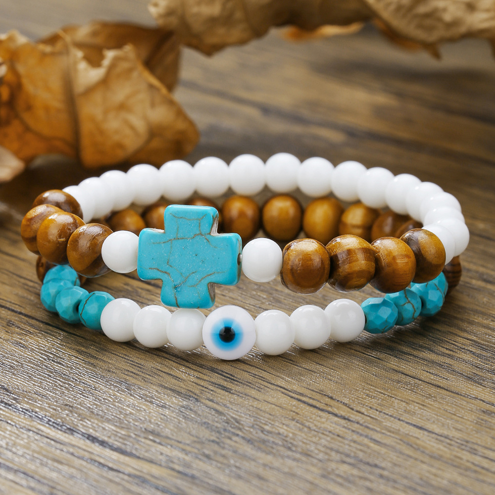 Wholesale European and American Cross-border Cole Bracelet Men's Fashion Trend Turquoise Cross Bracelet Wooden Beads rcelain Jade Beaded Bracelet for