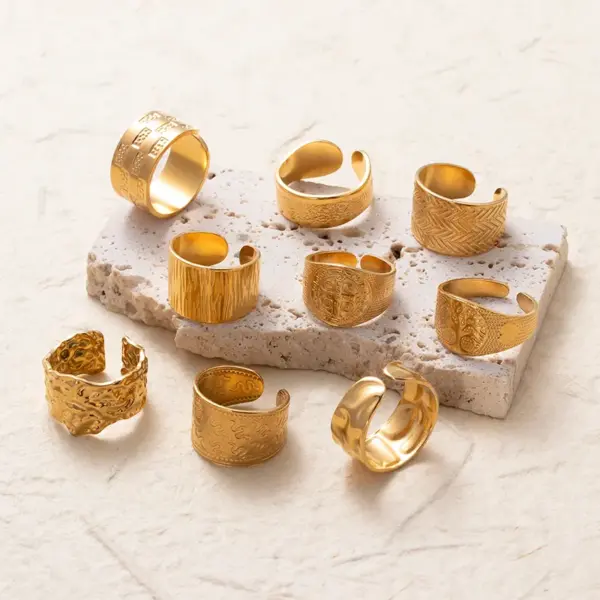 Wholesale PVD Coated Solid Color 304 Stainless Steel Retro Waterproof Non Tarnish Wide Band Ring Open Ring