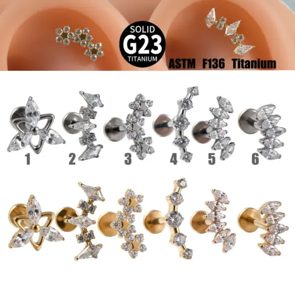 1 Piece Lip Rings Hip-Hop Arc Flower G23 Titanium Alloy Zircon Inlay Zircon 18K Gold Plated Lip Rings Ear Cartilage Rings & Studs